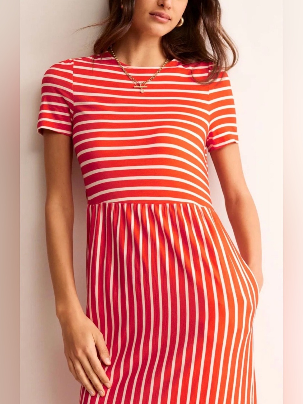 Boden Emma Tiered Jersey Midi Dress Fiesta & White Stripe US 10R UK 14R - Picture 3 of 10